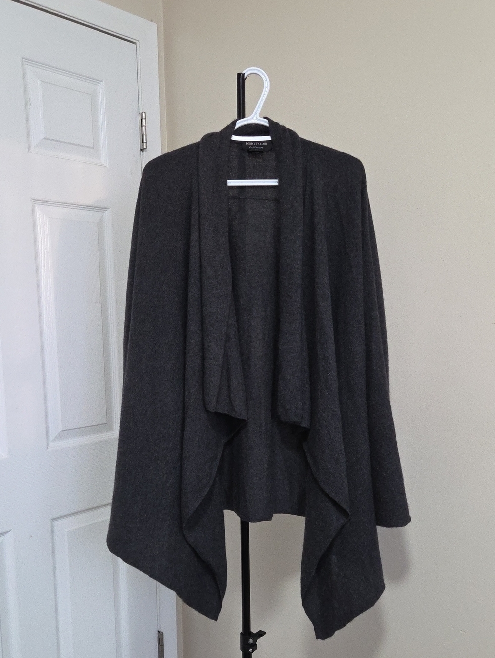Lord & Taylor Plus Size Cashmere Charcoal Draped Open-Front Cardigan Sweater